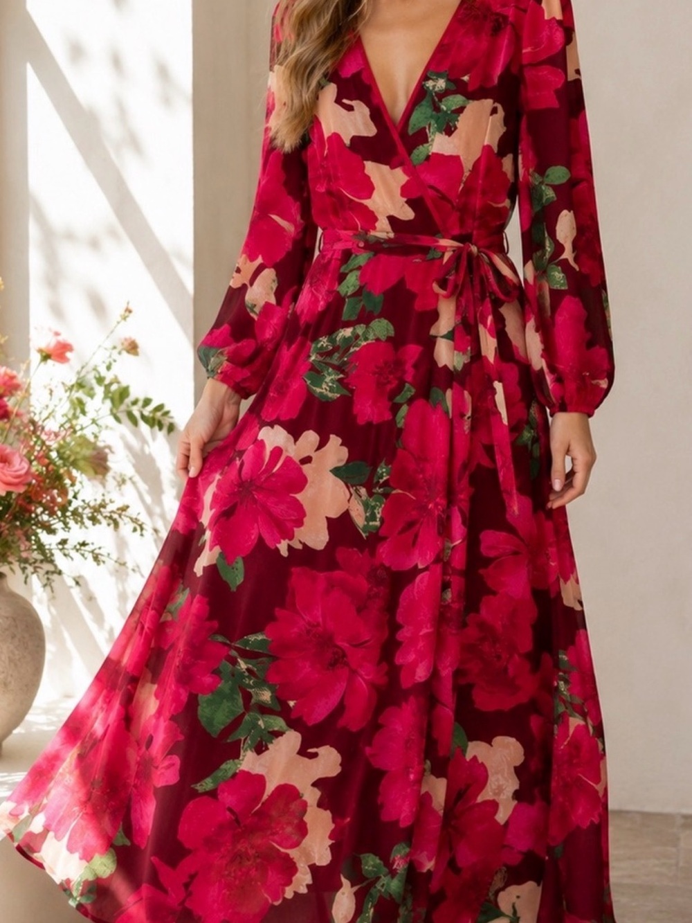 Baltic Born Floral Wrap Maxi Dress - Red Pink